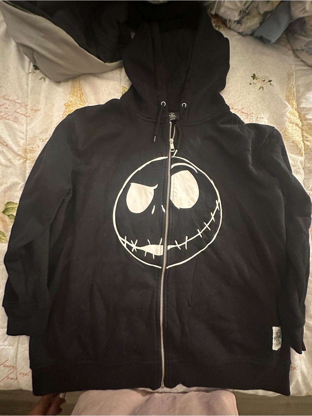 Adults Black Zip-Up Hoodie with White Skull Face Graphic